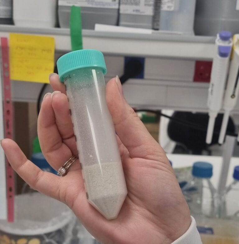 A vial containing a banana leaf will turn into a protein powder. Photo by Yulia Karra