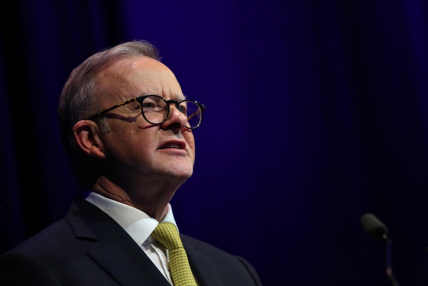 Anthony Albanese looks out at the audience, wearing a yellow tie and suit